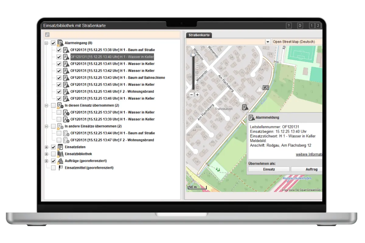 Fireboard Schnittstelle Alarmverarbeitung LITE | PLUS | Georeferenzierte Anzeige der Einsatzstelle auf der Karte.